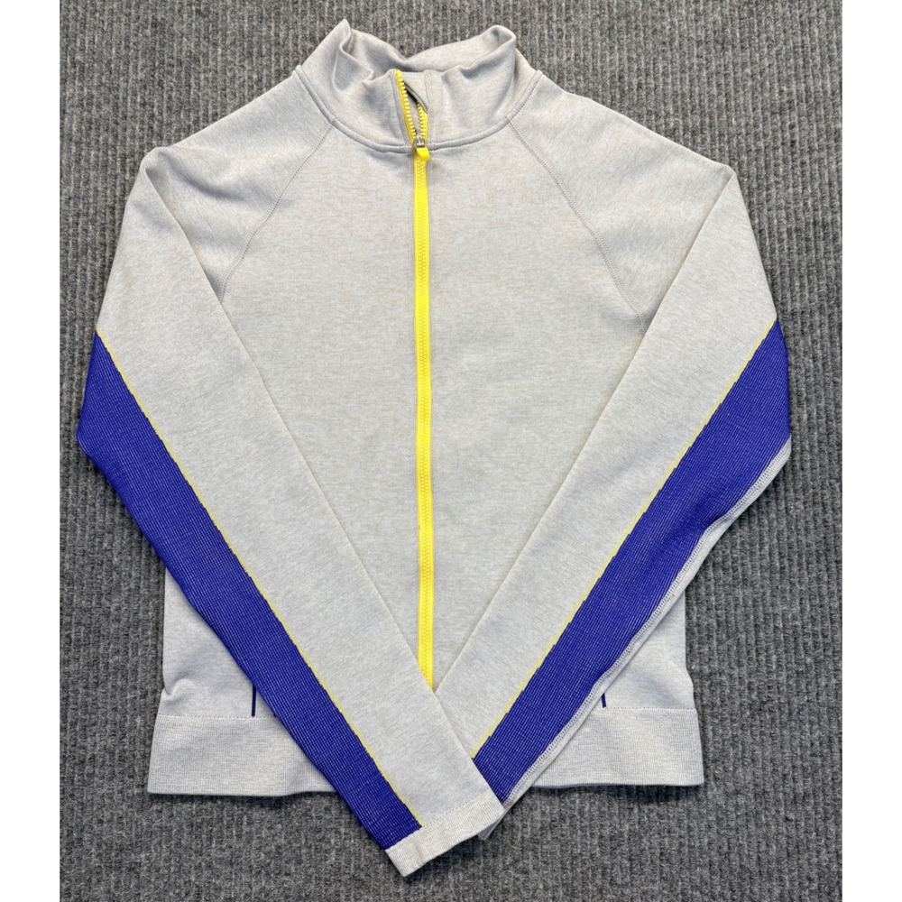 Fabletics Womens Mock Neck Full Zip Athletic Jacket Grey Purple Yellow Stripe S